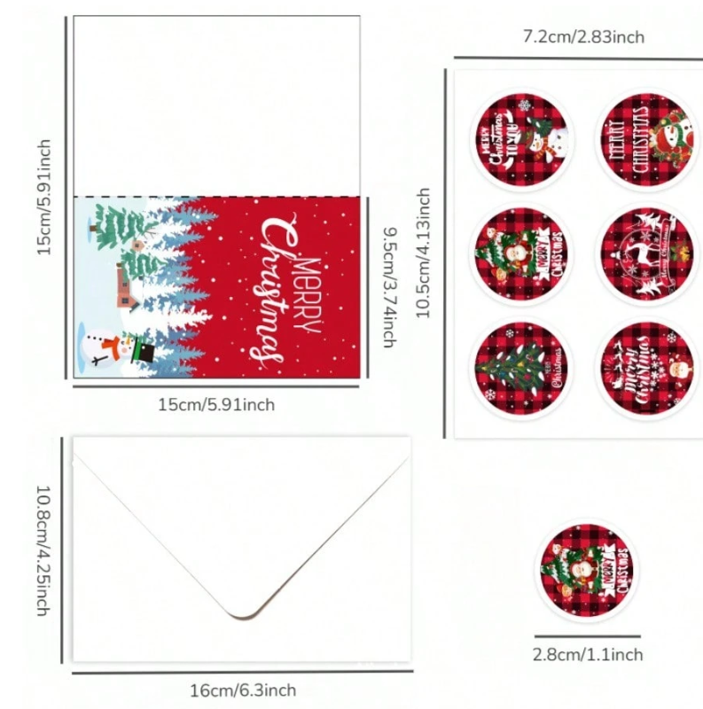Christmas Greeting Cards 6-Pack With Envelopes & Stickers - 6 Unique Merry Christmas Designs